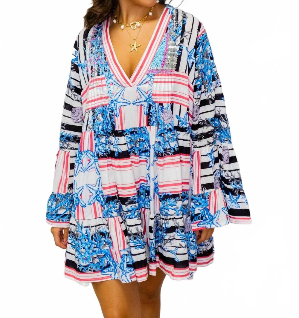 NEW POL beaded v-neck mini dress in blue multi